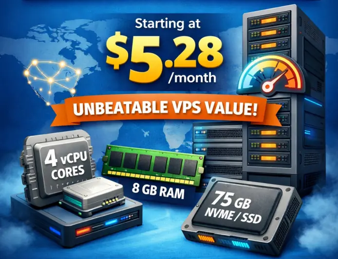 Cheap VPS $5.28/month: 4 vCPU Cores, 8 GB RAM, 75 GB Storage, Unlimited Traffic
